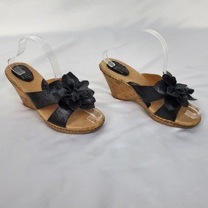 b.o.c. Born Black Leather Flower Wedges Size 9